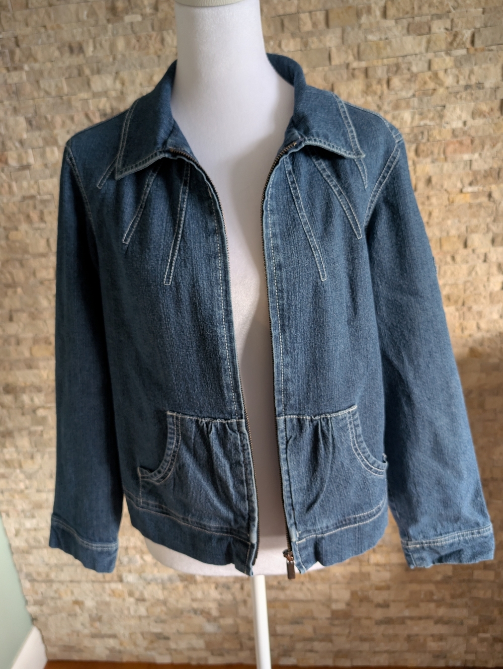 Vintage 90s Zip Up Denim Jacket Peplum Feminine Lightweight Textured Sz M image 2
